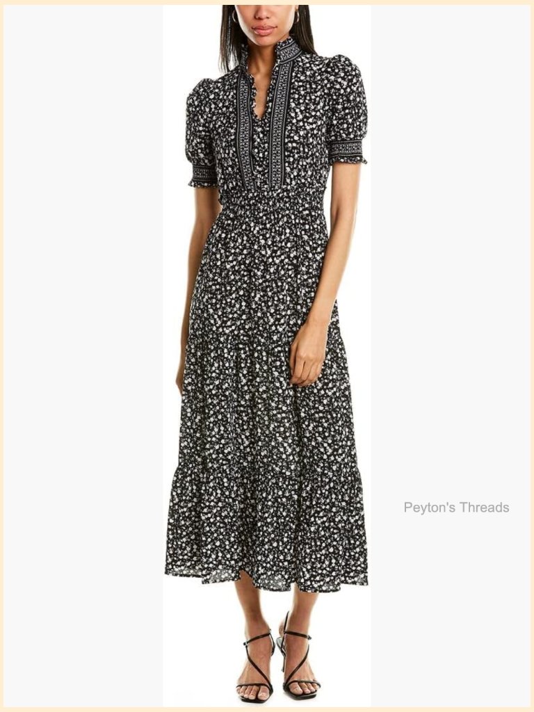 Smocked Puff Sleeve Ruffle Neck Tiered Midi Dress Women's